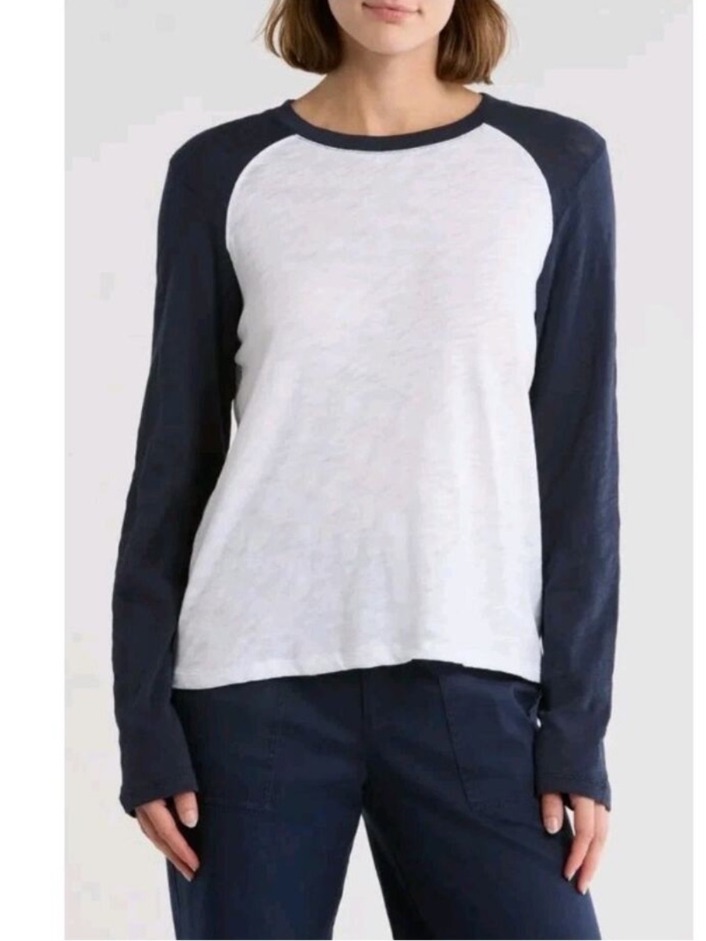 ATM Anthony Thomas Melillo White and Navy Baseball Tee Long Sleeve